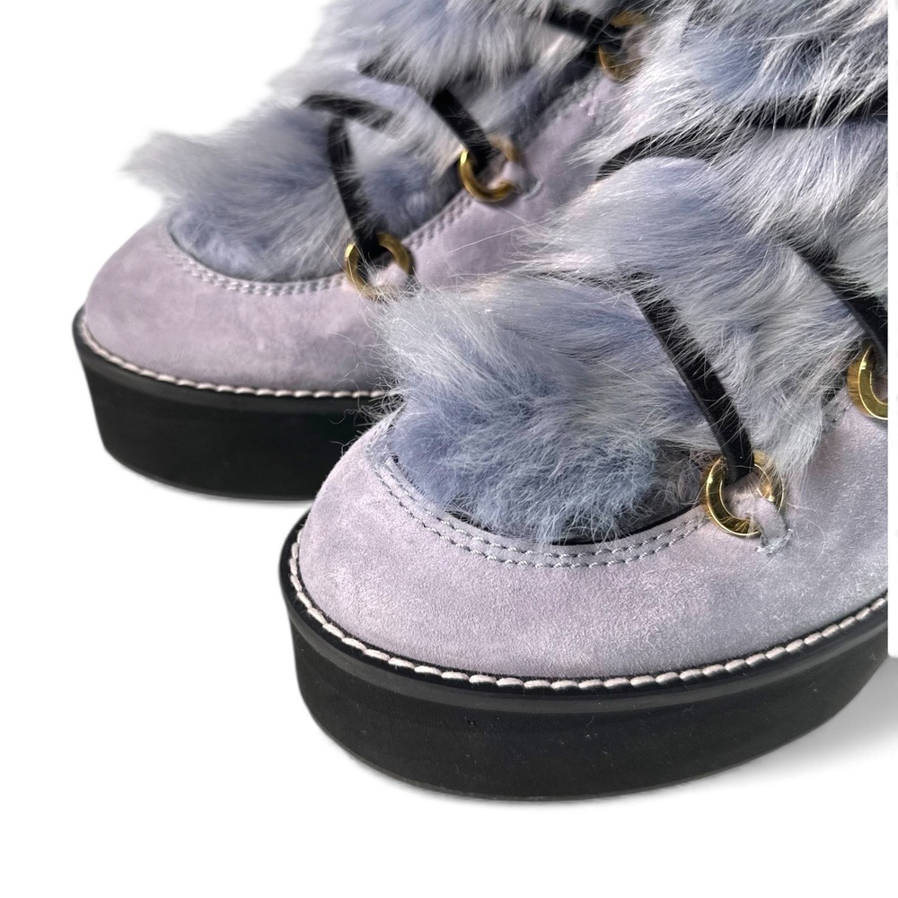 Stuart Weitzman Nikita Fur Wedge Boots 8.5 Blue Leather Suede Shearling Lace Up - Picture 4 of 12